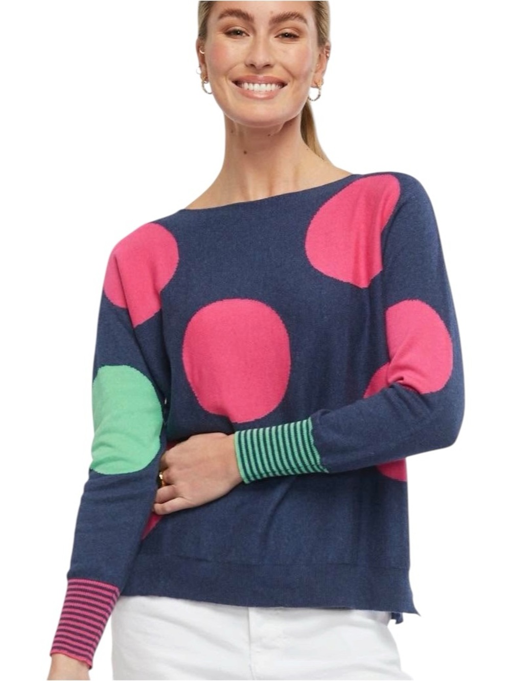 Zaket & Plover Dot Sweater Size S Navy Pink Green Polka Dot Cashmere Cotton NWT